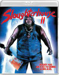 Slaughterhouse II poster, vintage horror movie poster of large man emerging from a frosty cold room holding a butcher knife